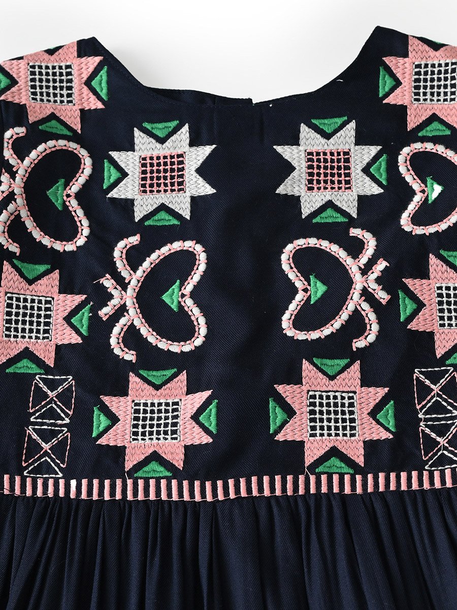 Girls Embroidered Long Sleeve Fit and Flare Dress