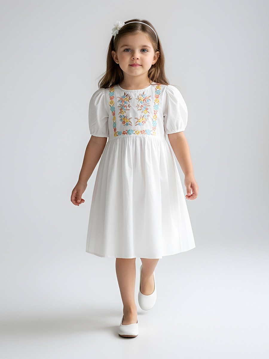 Girls Embroidered Puff Sleeve Dress
