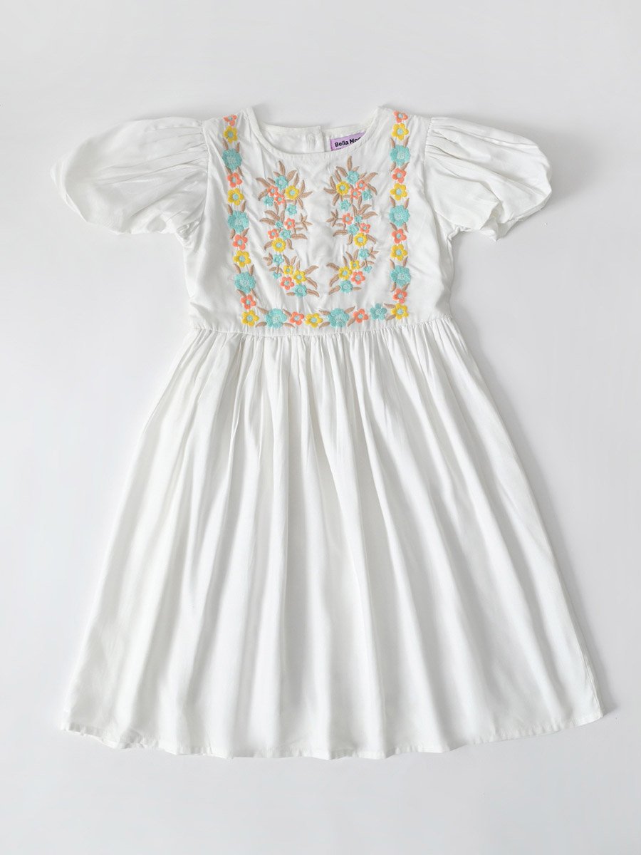 Girls Embroidered Puff Sleeve Dress