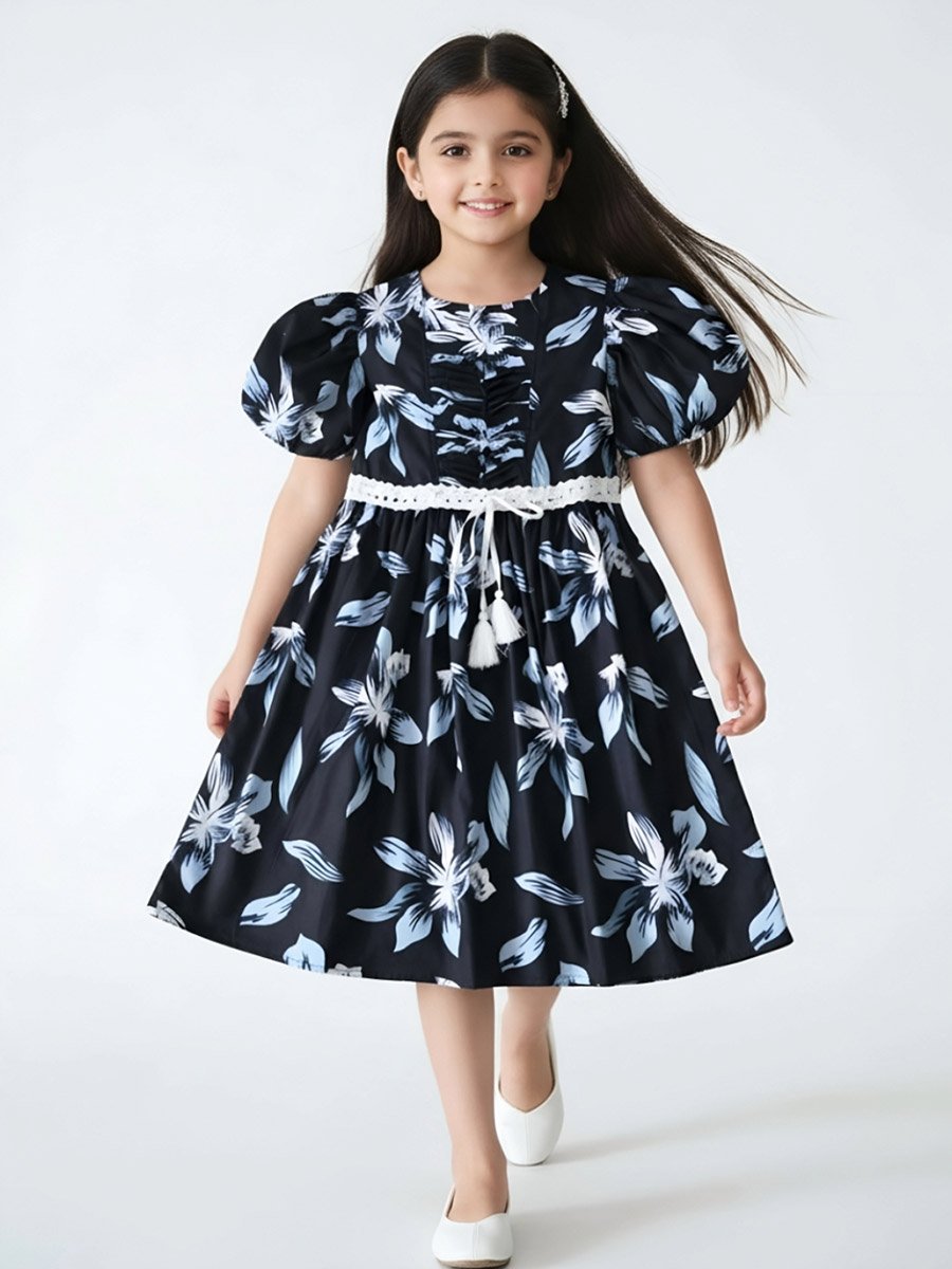Cotton Balloon Sleeves Fit and Flare Printed Dress