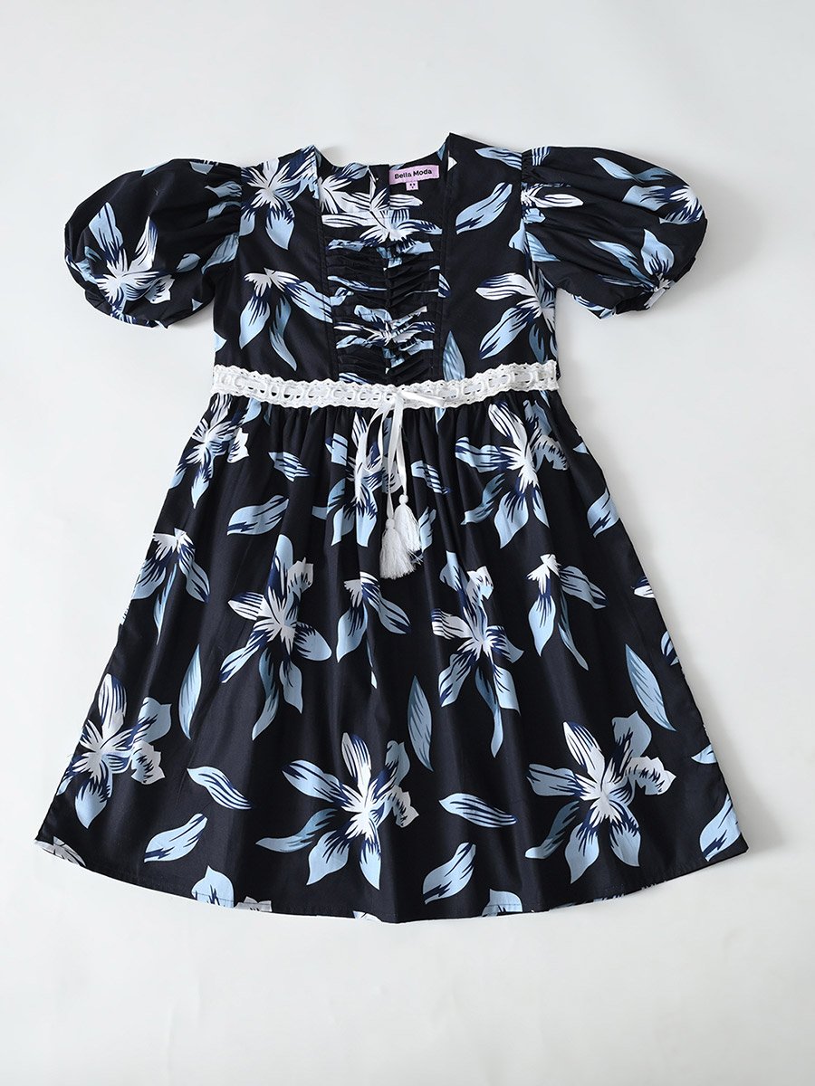 Cotton Balloon Sleeves Fit and Flare Printed Dress
