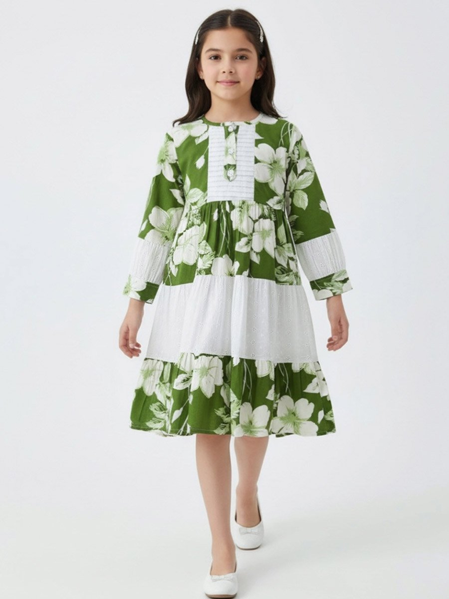 Girls Green Floral Knee-Length Fit and Flare Dress