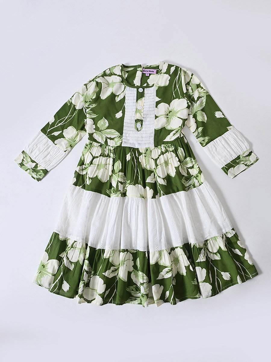 Girls Green Floral Knee-Length Fit and Flare Dress