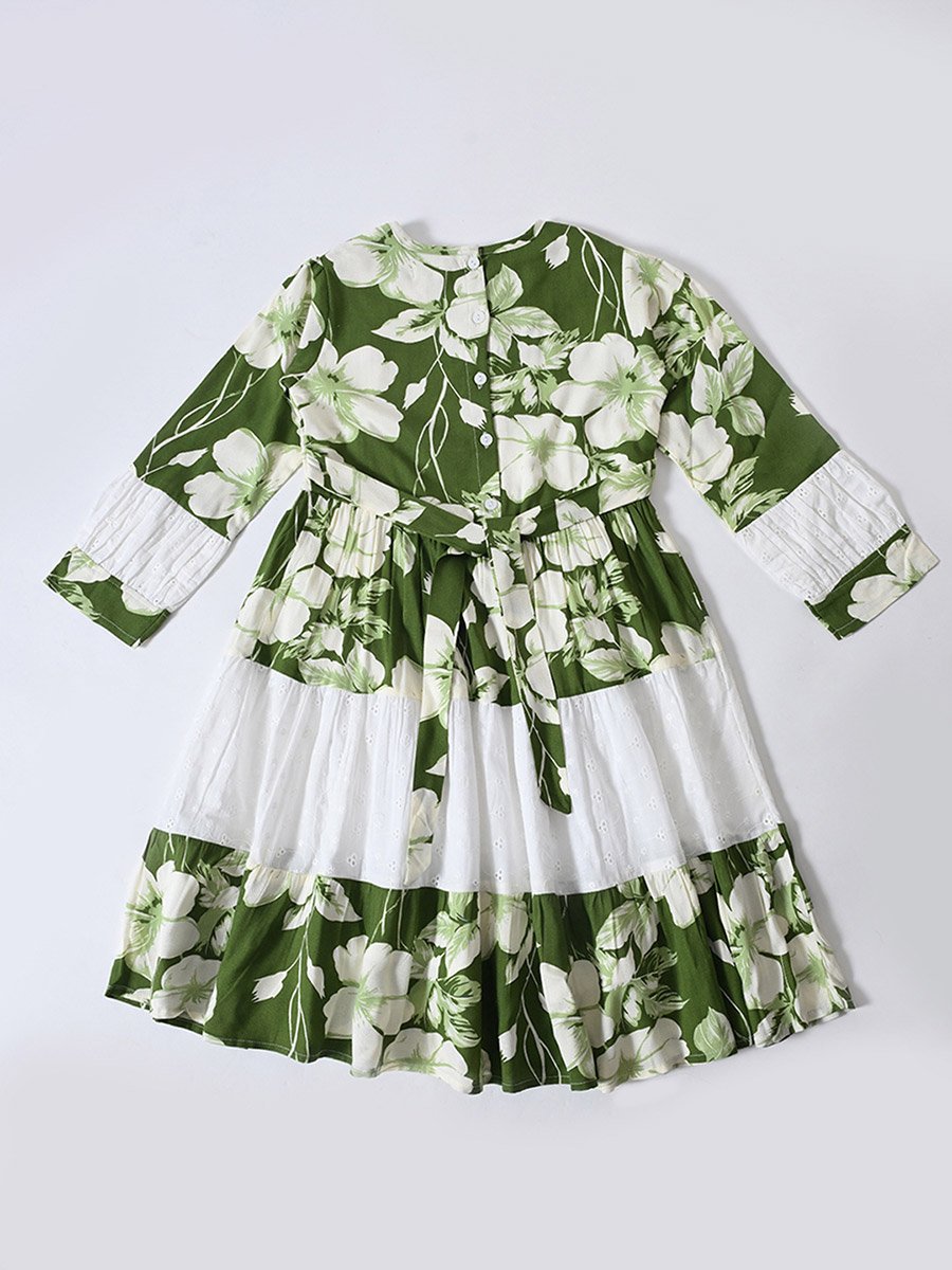 Girls Green Floral Knee-Length Fit and Flare Dress