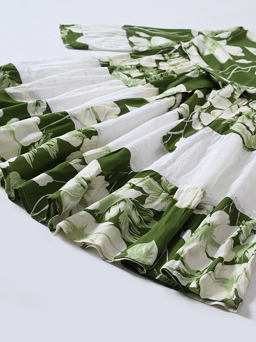 Girls Green Floral Knee-Length Fit and Flare Dress