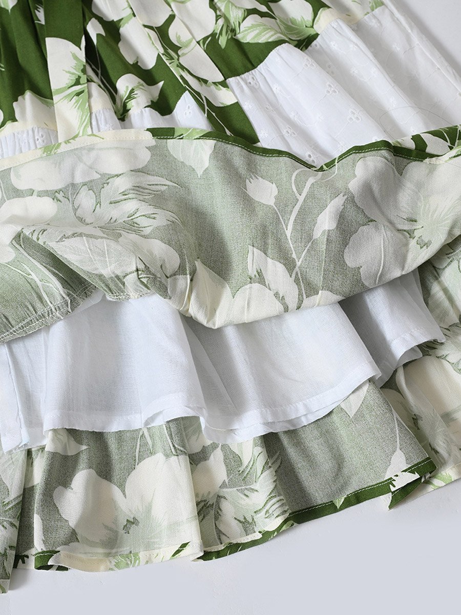 Girls Green Floral Knee-Length Fit and Flare Dress