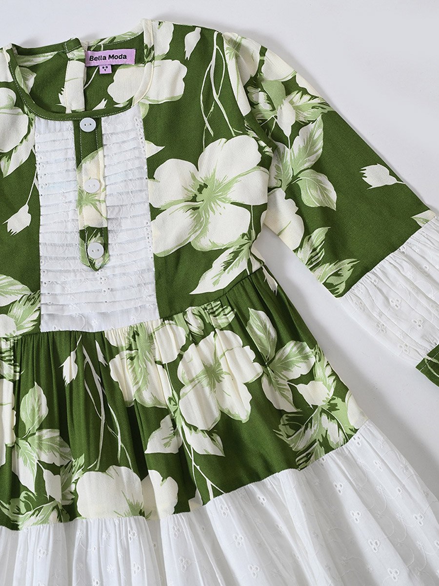 Girls Green Floral Knee-Length Fit and Flare Dress