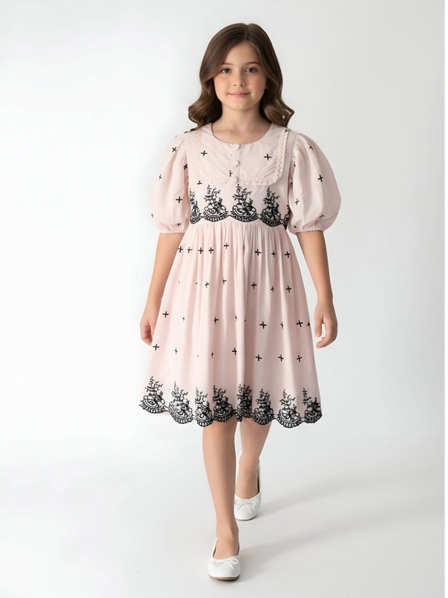 Cotton Woven Scallop Hem Dress with Floral Embroidery