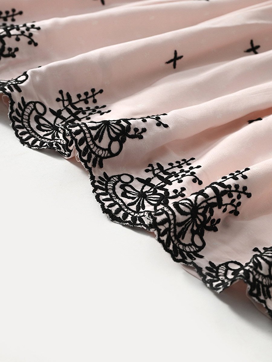 Cotton Woven Scallop Hem Dress with Floral Embroidery