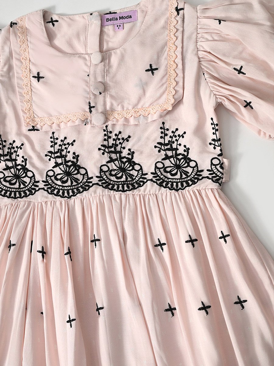 Cotton Woven Scallop Hem Dress with Floral Embroidery