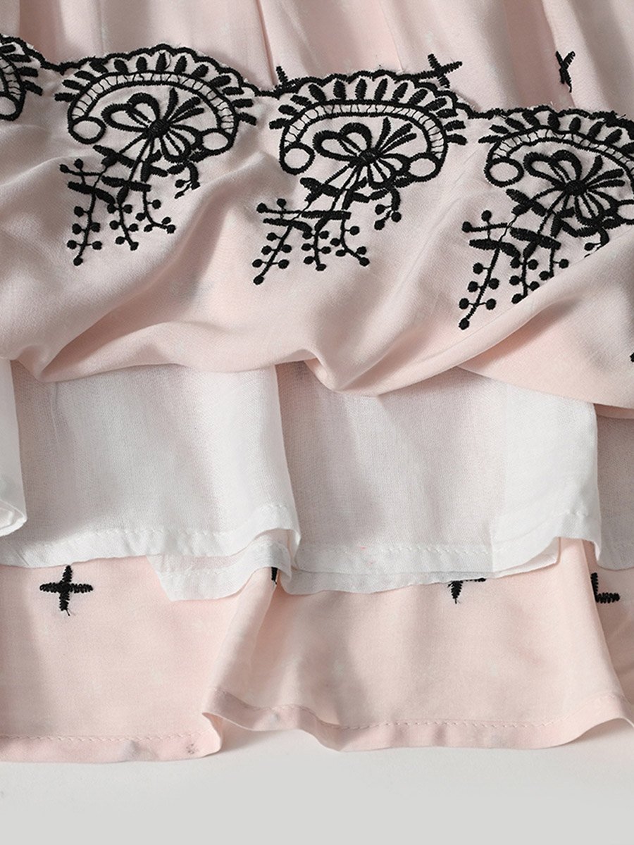 Cotton Woven Scallop Hem Dress with Floral Embroidery