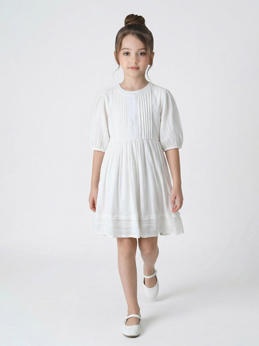 Girls White Solid Puff Sleeves Pleated Midi Dress