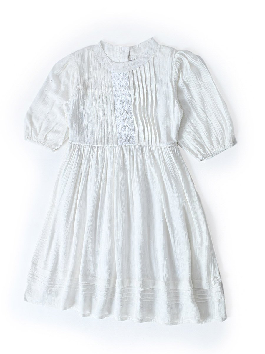 Girls White Solid Puff Sleeves Pleated Midi Dress