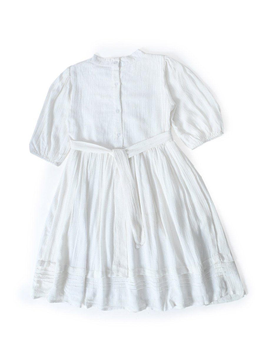 Girls White Solid Puff Sleeves Pleated Midi Dress