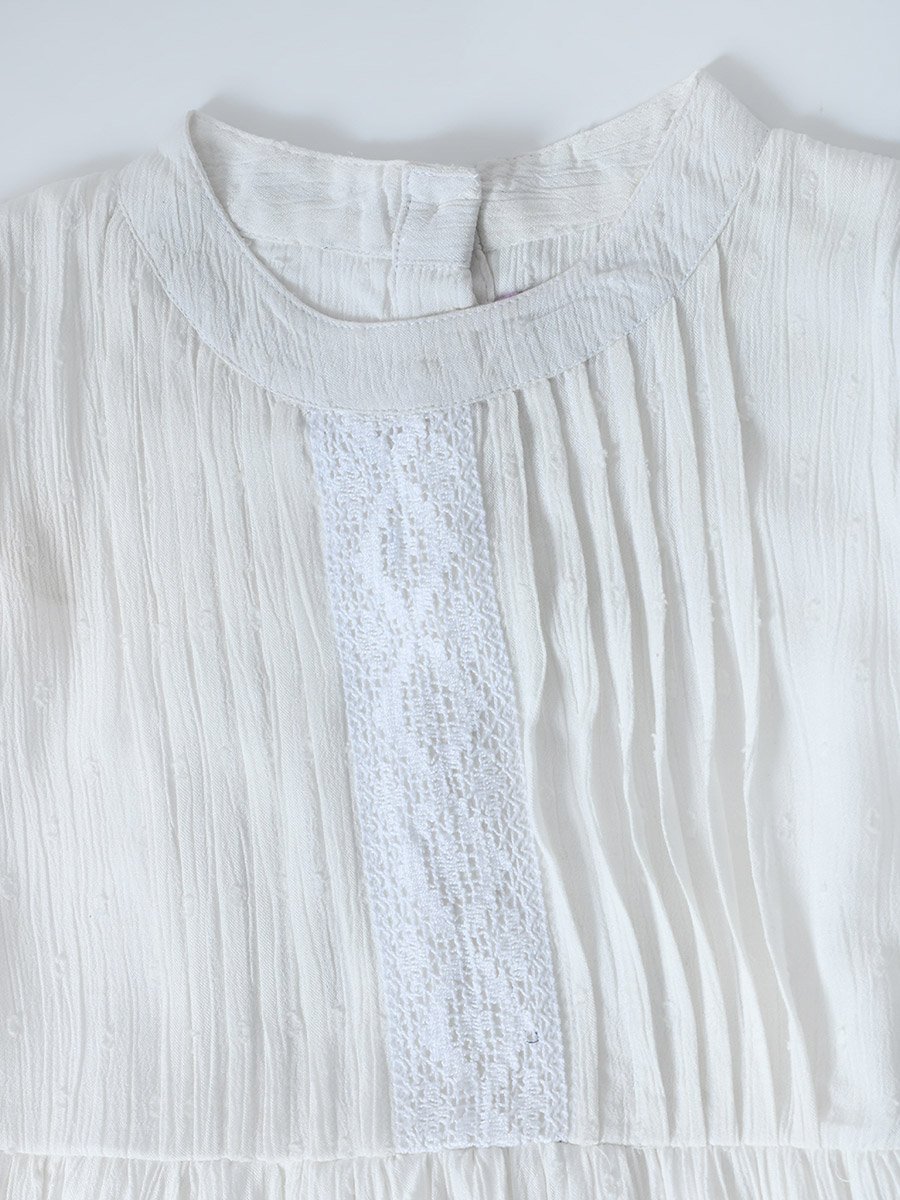 Girls White Solid Puff Sleeves Pleated Midi Dress