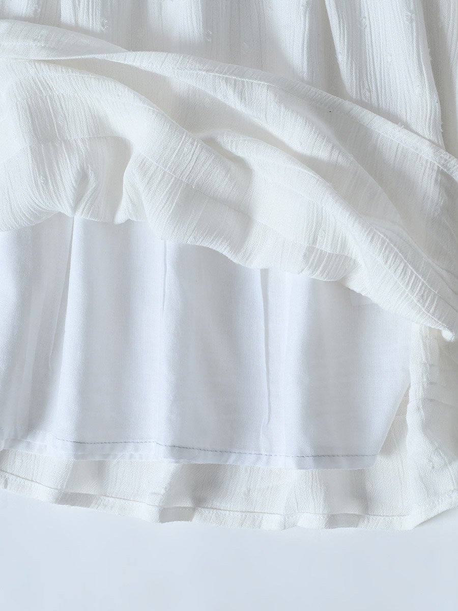 Girls White Solid Puff Sleeves Pleated Midi Dress