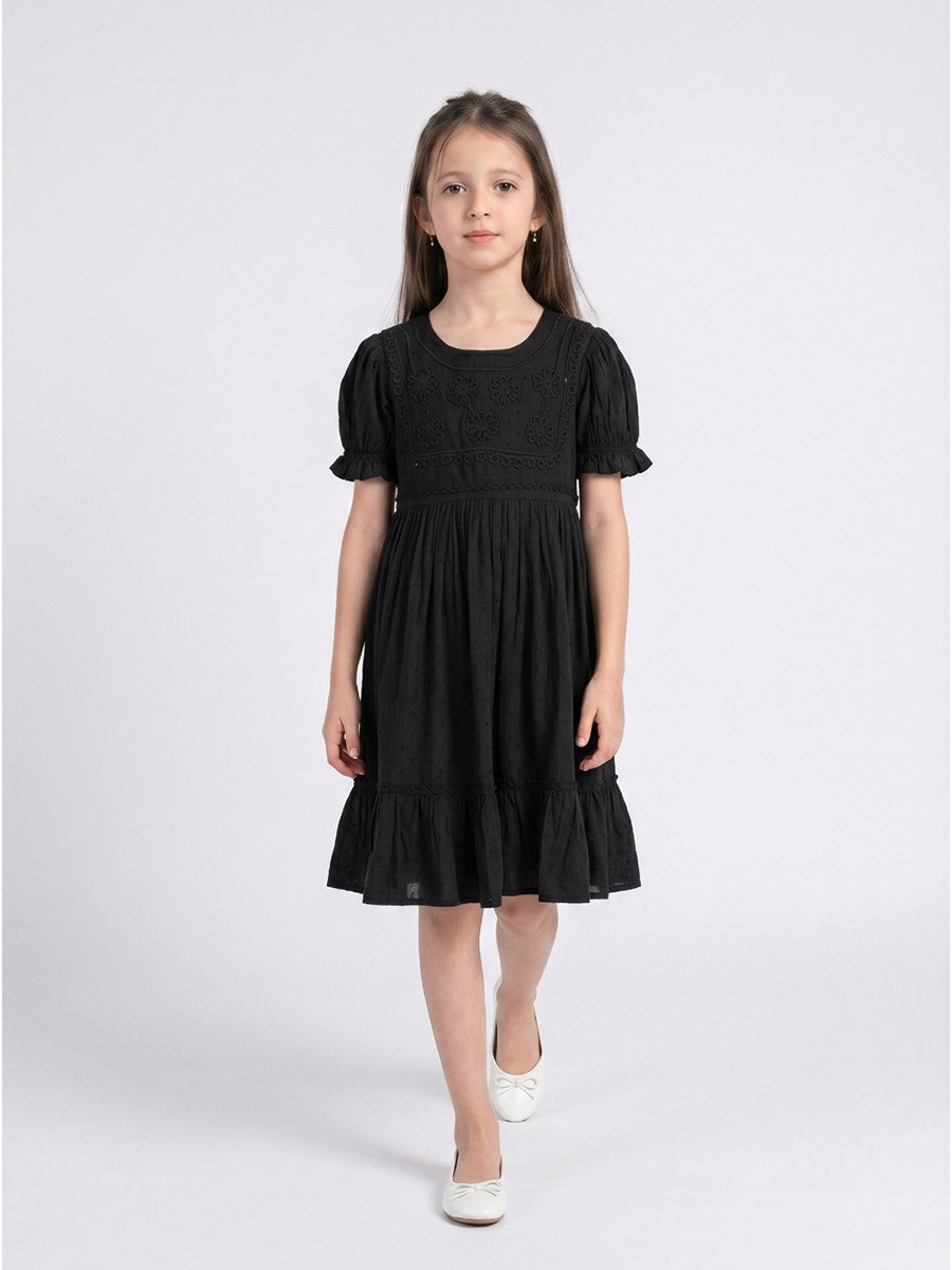 Girls Black Embroidered Fit and Flare Knee-Length Dress