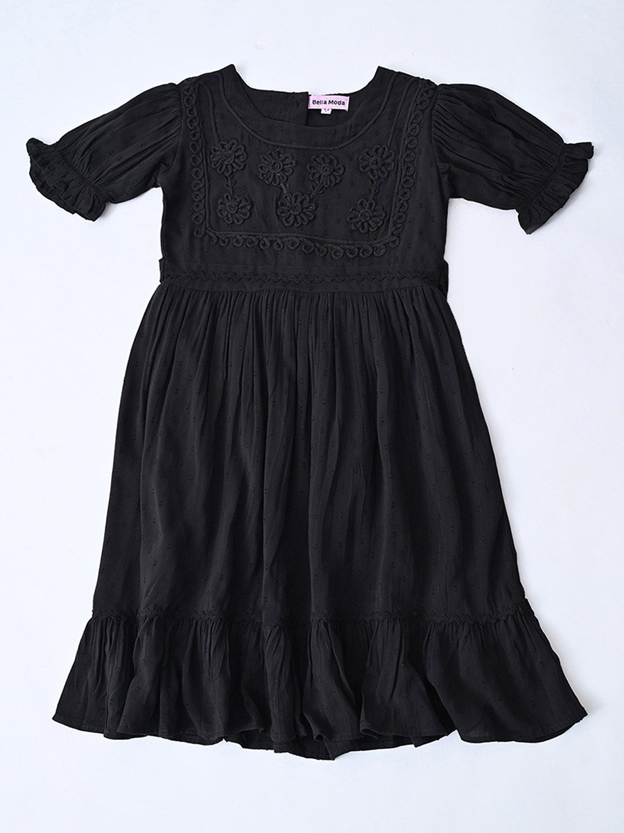 Girls Black Embroidered Fit and Flare Knee-Length Dress