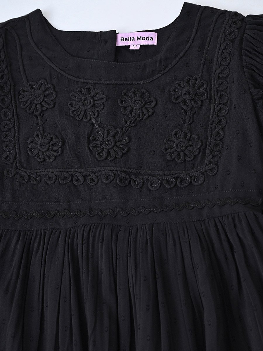 Girls Black Embroidered Fit and Flare Knee-Length Dress