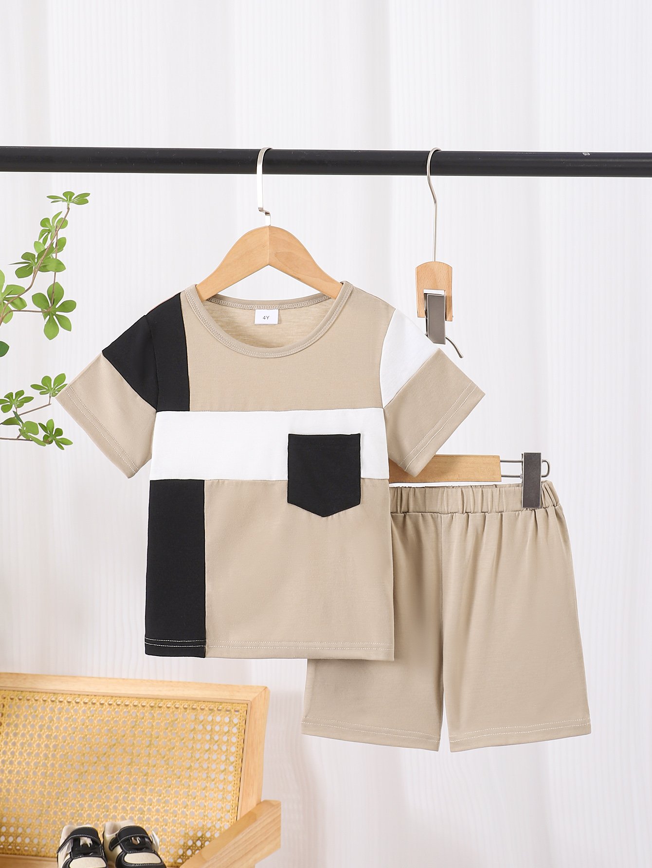Boys Khaki Color Block T-Shirt and Shorts Set