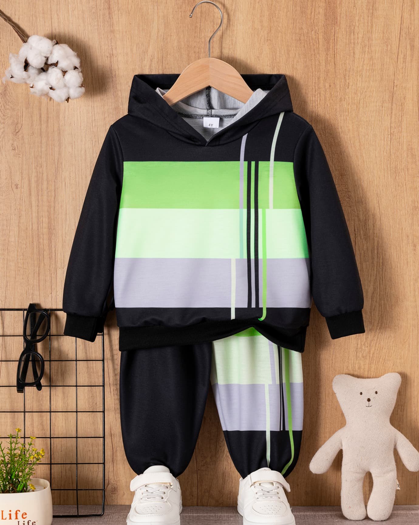 Boys Hooded Color Block Trousers Set