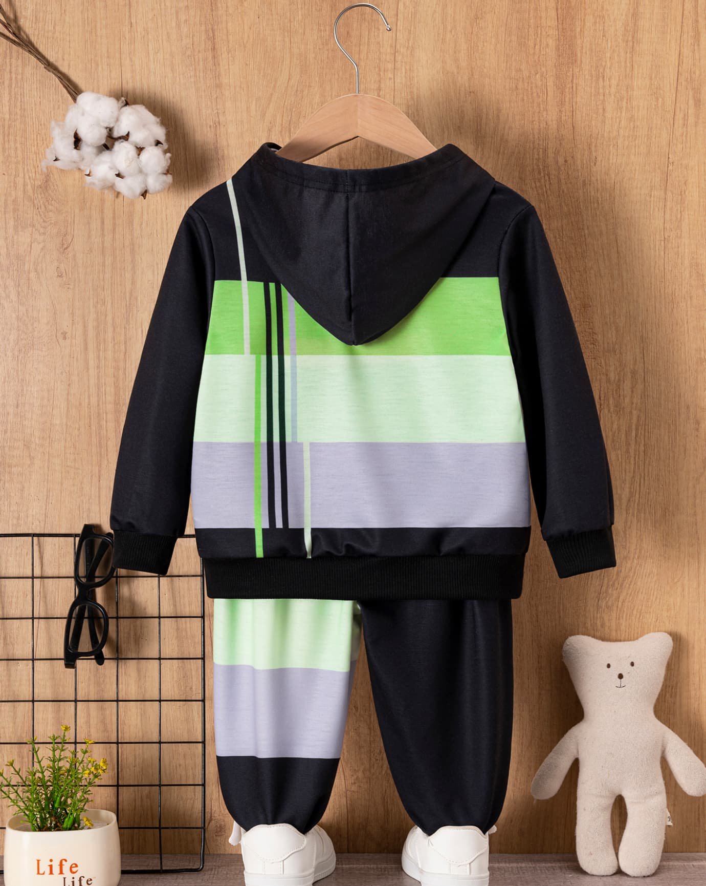 Boys Hooded Color Block Trousers Set