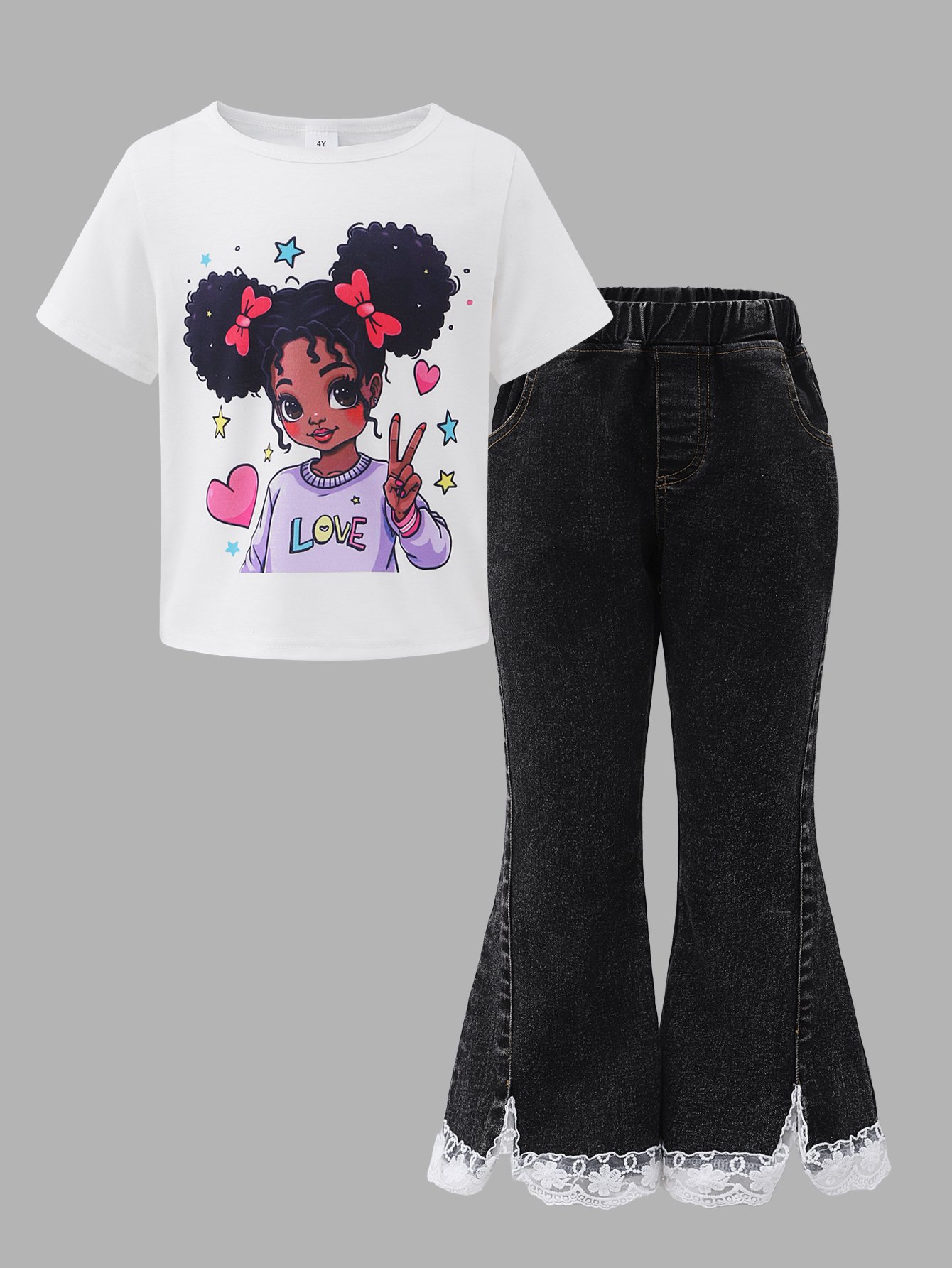 Girls Graphic T-Shirt and Lace-Trim Flare Jeans Set