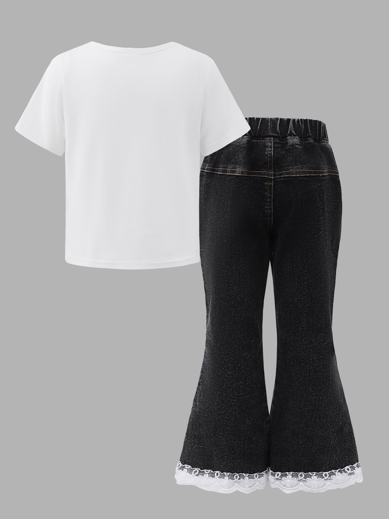 Girls Graphic T-Shirt and Lace-Trim Flare Jeans Set