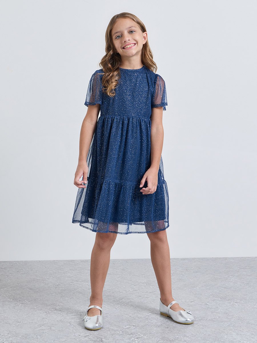Girls Navy Blue Tiered Glitter Mesh Dress