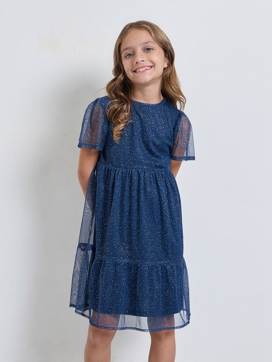 Girls Navy Blue Tiered Glitter Mesh Dress