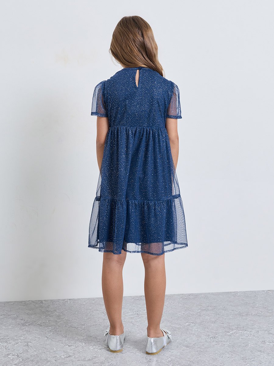 Girls Navy Blue Tiered Glitter Mesh Dress