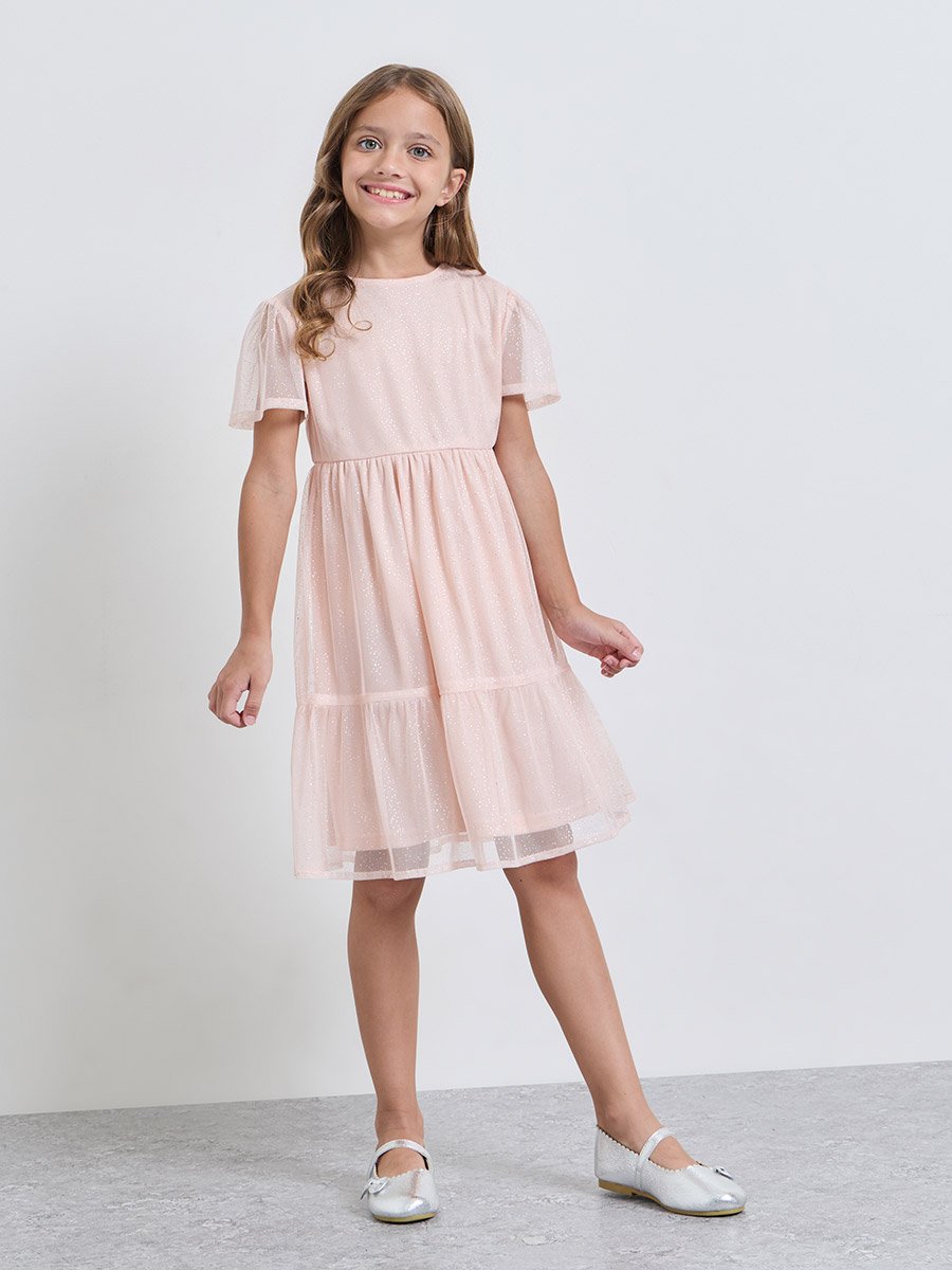 Girls Pink Tiered Glitter Mesh Dress