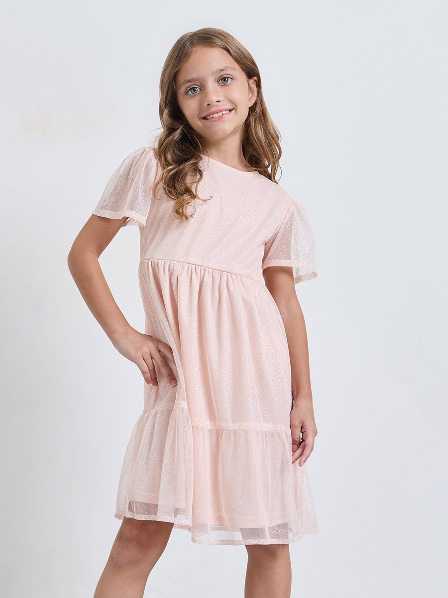 Girls Pink Tiered Glitter Mesh Dress