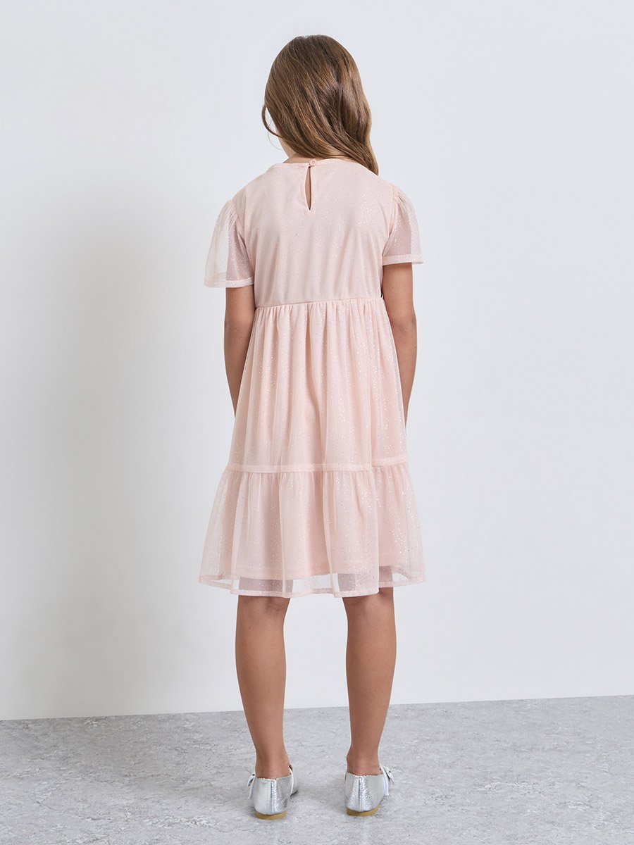 Girls Pink Tiered Glitter Mesh Dress