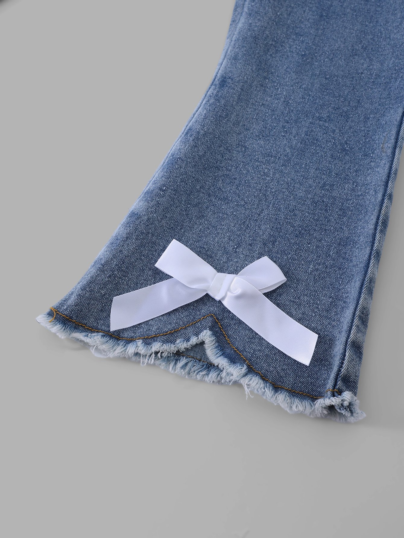 Girls White Bow Print T-Shirt and Bell Bottom Jeans Set