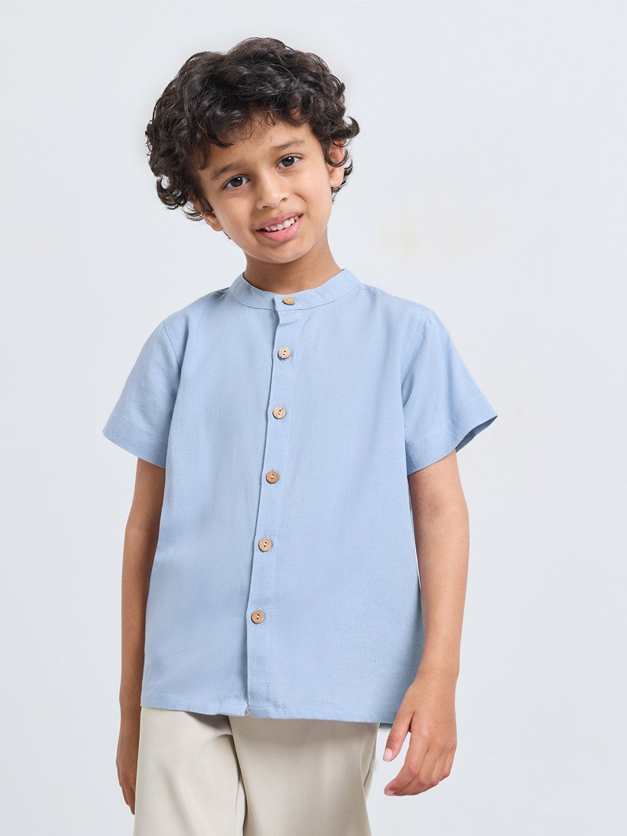 Boys Stand Collar Chambray Shirt with Buttons