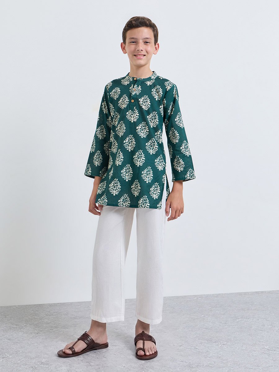 Teen Boys Printed Kurta and Pull-On Pants Set