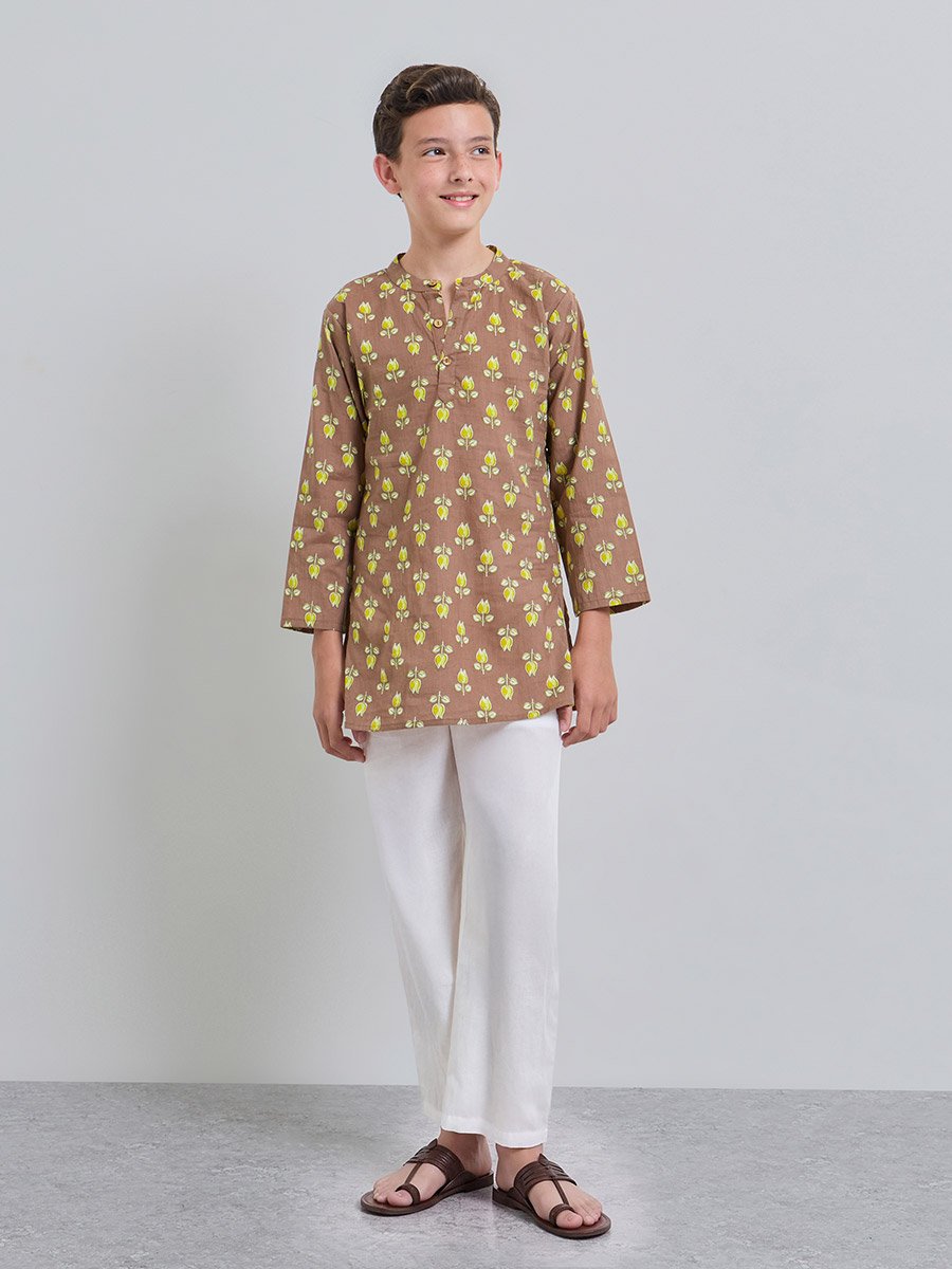 Teen Boys Printed Kurta and Pull-On Pants Set