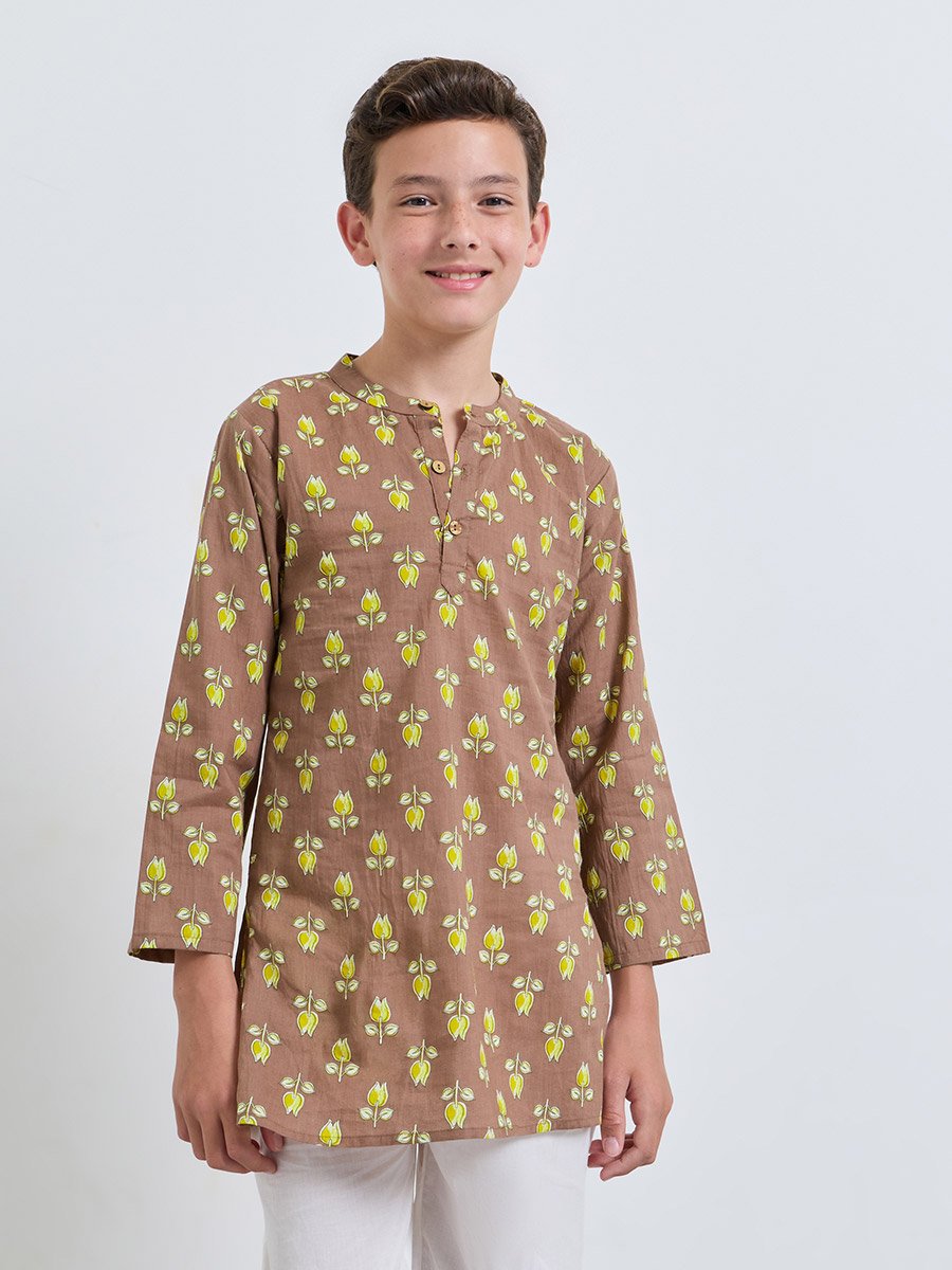 Teen Boys Printed Kurta and Pull-On Pants Set