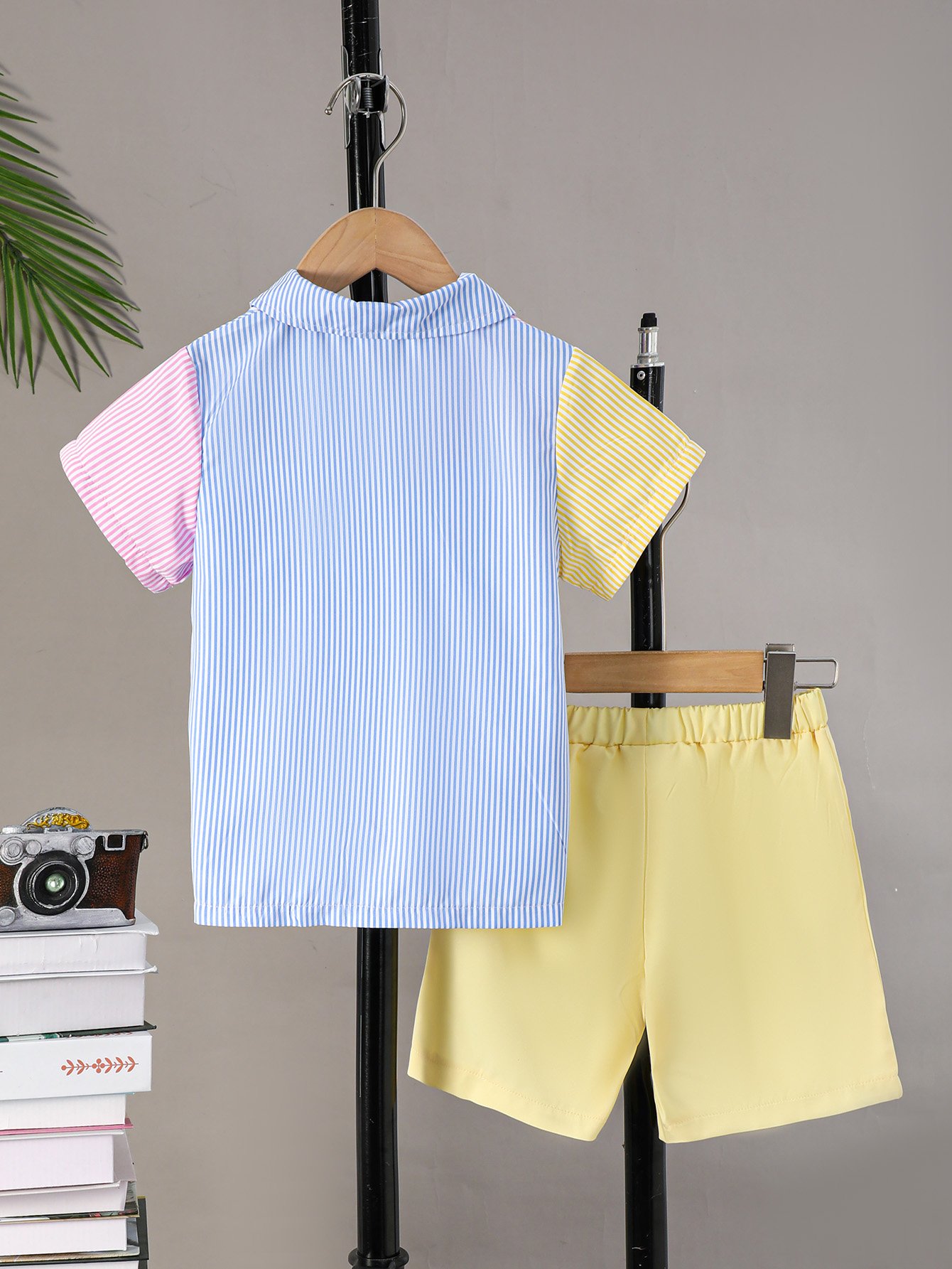Boys Striped Colorblock Shirt and Shorts Set