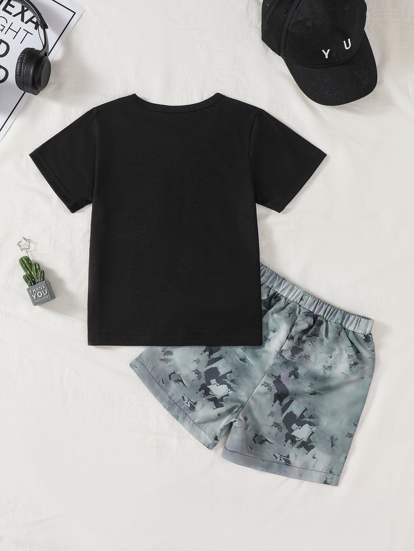 Boys Black Graphic T-Shirt and Tie-Dye Shorts Set