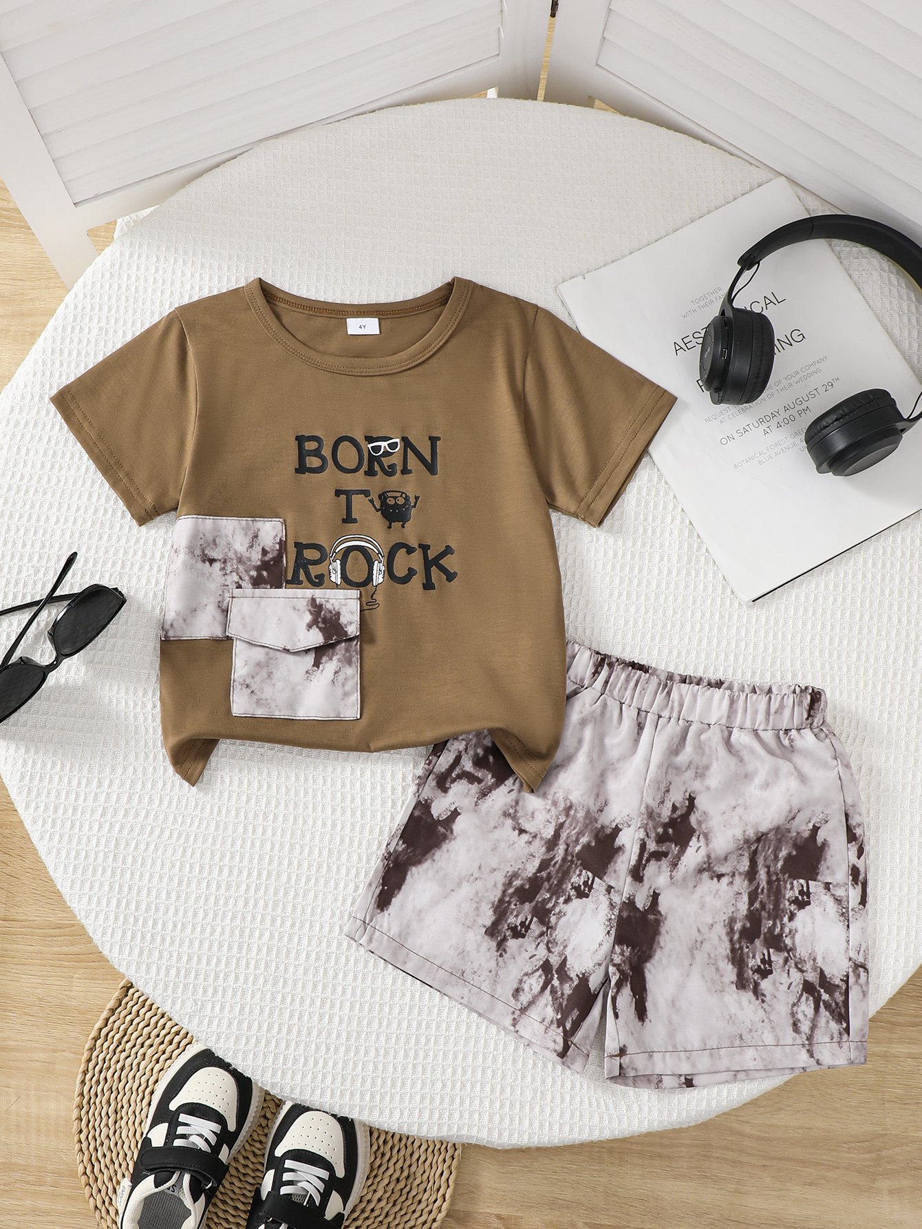 Boys Graphic Print Pocket Detail Shirt and Acid Wash Shorts Set