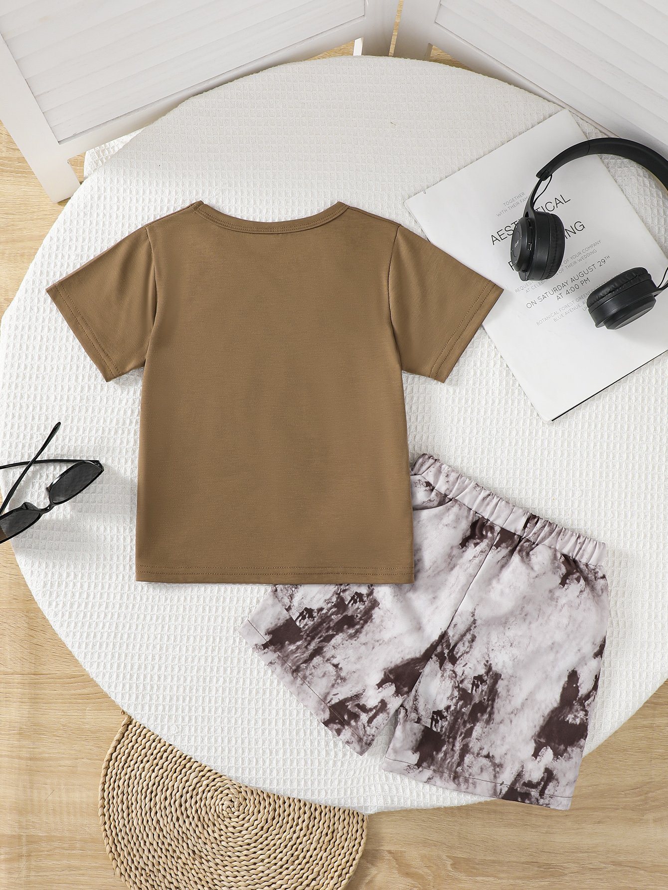 Boys Graphic Print Pocket Detail Shirt and Acid Wash Shorts Set