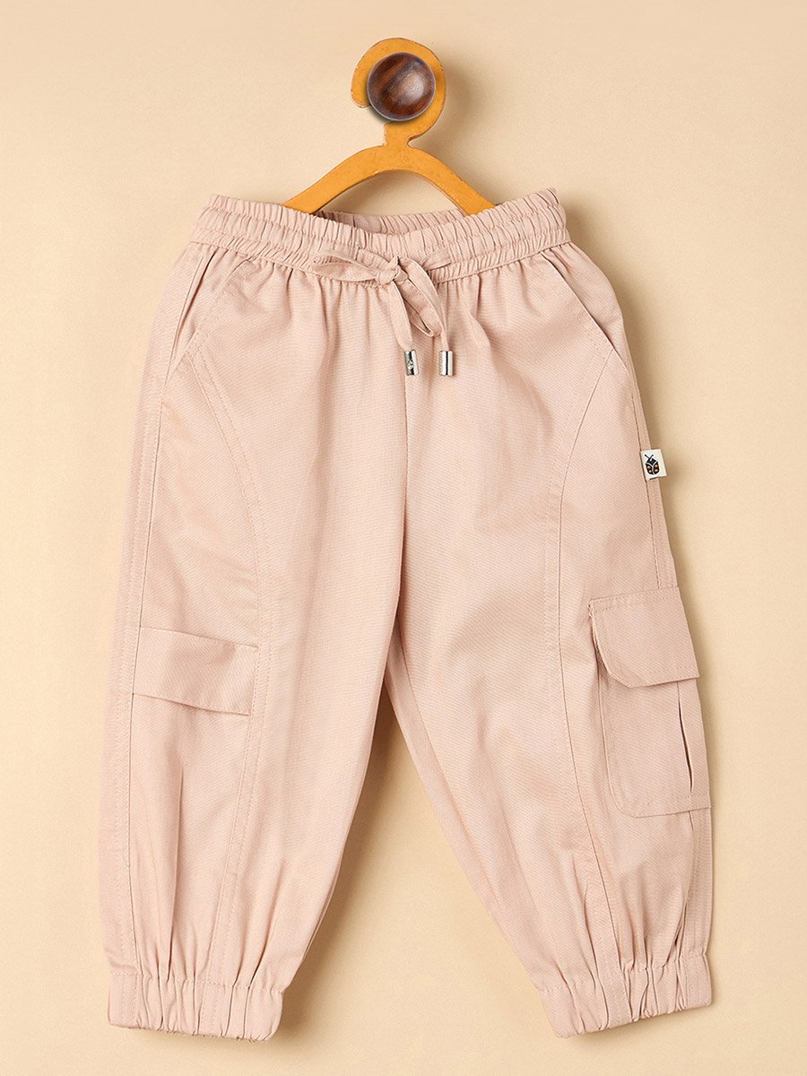 Kids Relaxed Fit Peach Cargo Pants with Drawstring Waist