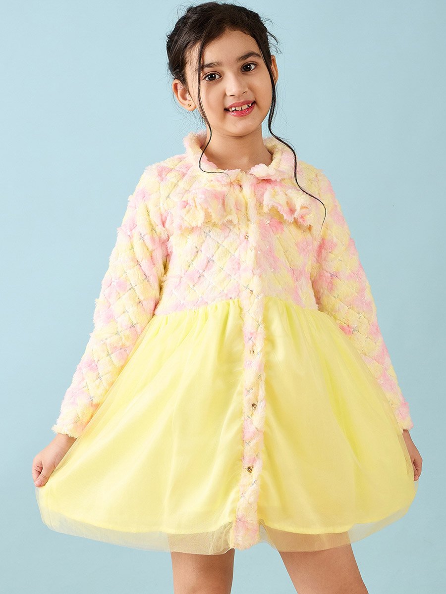Girls Yellow Fit and Flare Knee Length Casual Dress