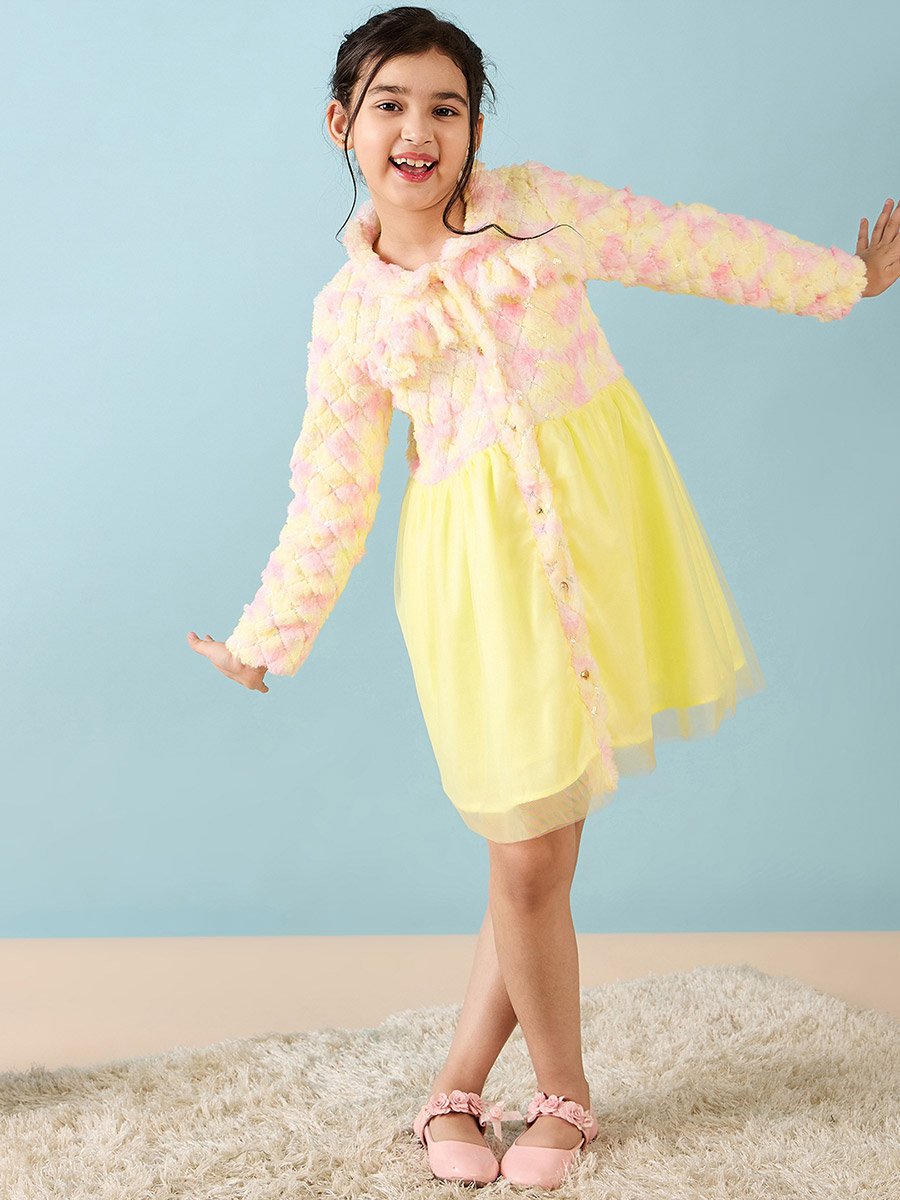 Girls Yellow Fit and Flare Knee Length Casual Dress