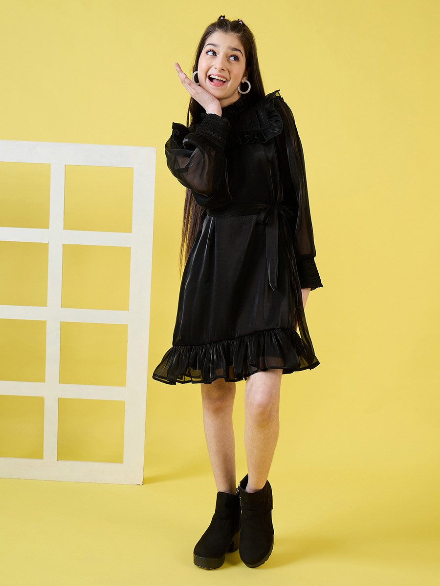Girls Black Fit and Flare Knee-Length Casual Dress