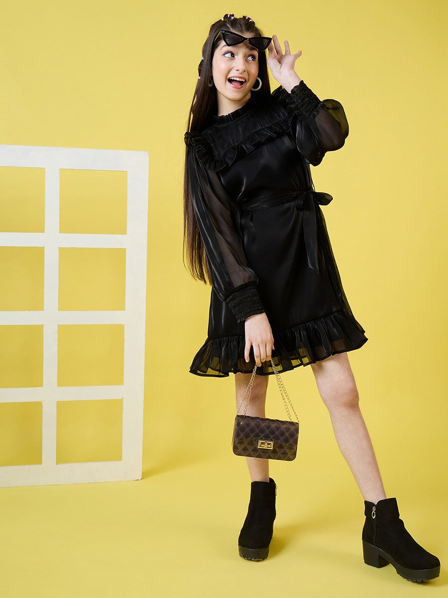 Girls Black Fit and Flare Knee-Length Casual Dress