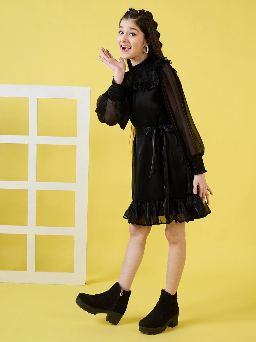 Girls Black Fit and Flare Knee-Length Casual Dress