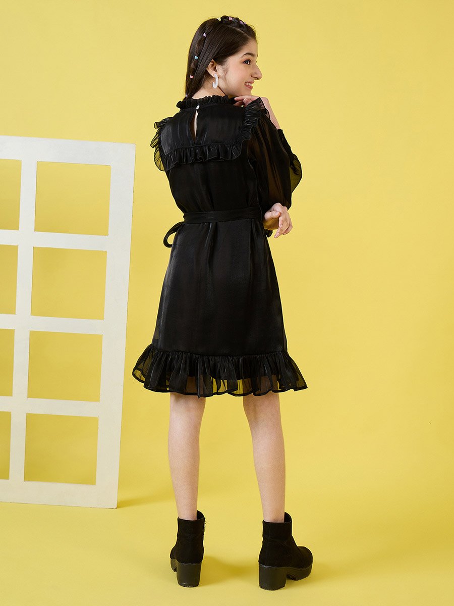 Girls Black Fit and Flare Knee-Length Casual Dress